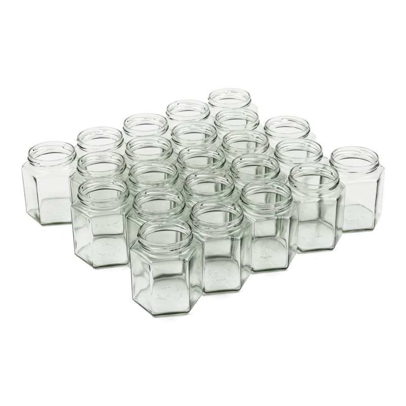 Hexagonal glass jar 390ml TO70 - Packs 23 u. HONEY PACKAGING