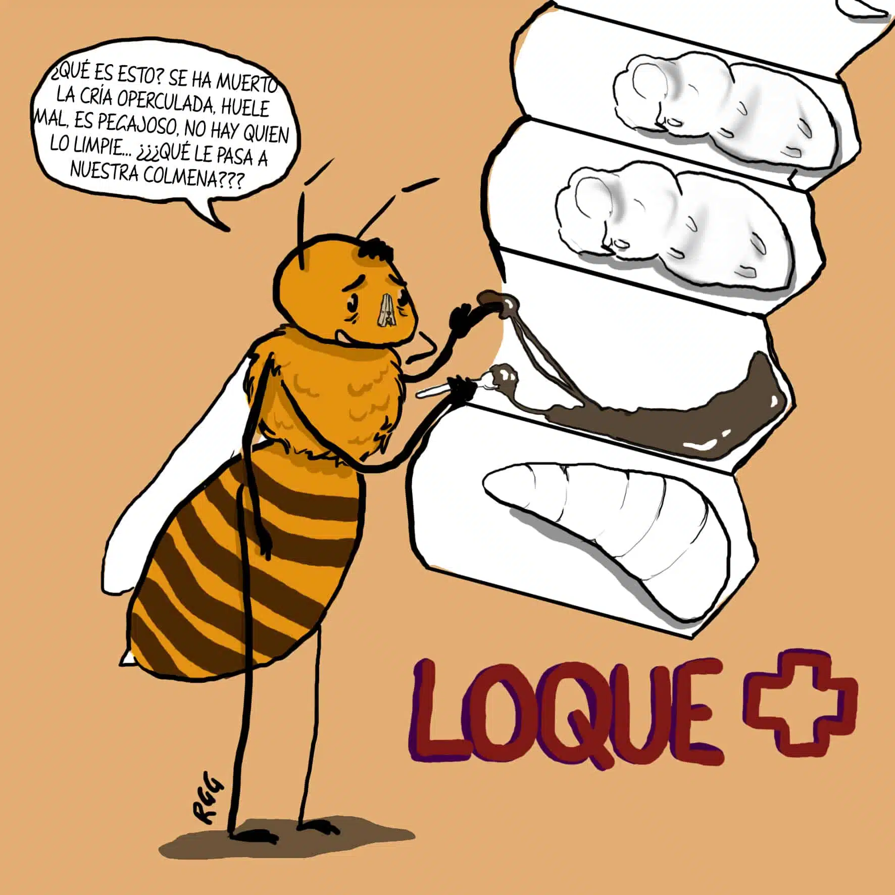 Cartoon of a bee examining sticky remains in a brood cell