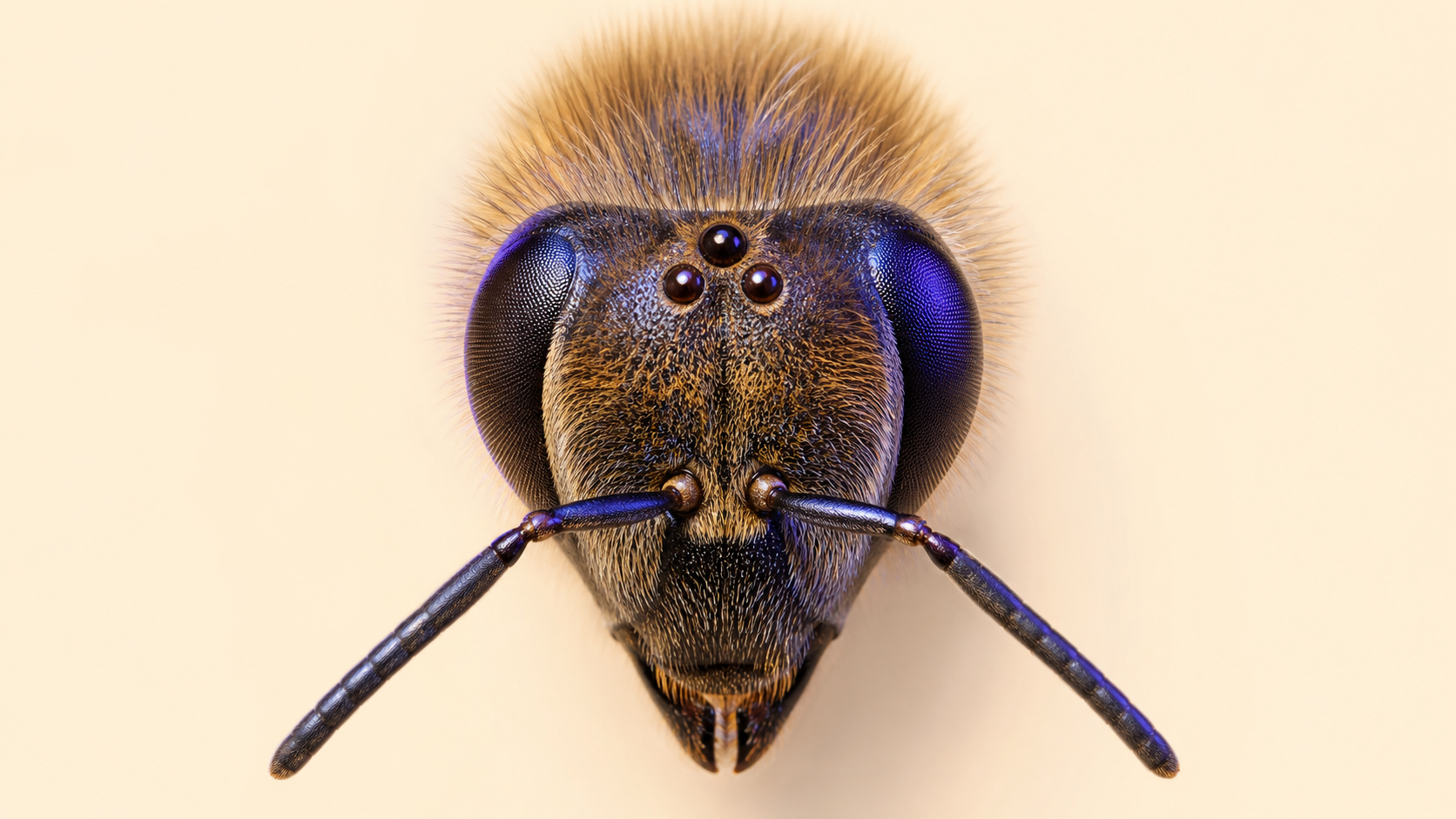 Cabeza de una abeja obrera con sus dos ojos compuestos y tres ocelos
