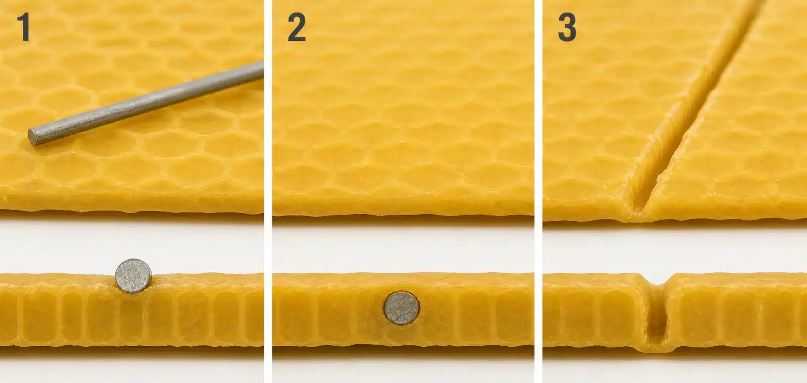 Comparison of frame wire resting on the wax, correctly embedded and cutting through the foundation because of excess heat
