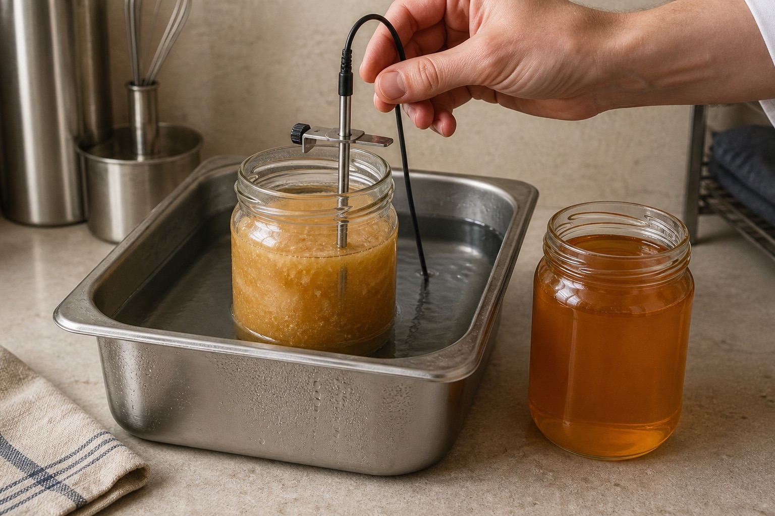 Tarro de miel cristalizada en baño de agua con una sonda de temperatura en el producto