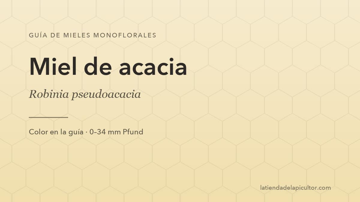 Portada de la ficha de miel de acacia: el fondo reproduce el color de esta miel en la escala Pfund (0–34 mm Pfund).