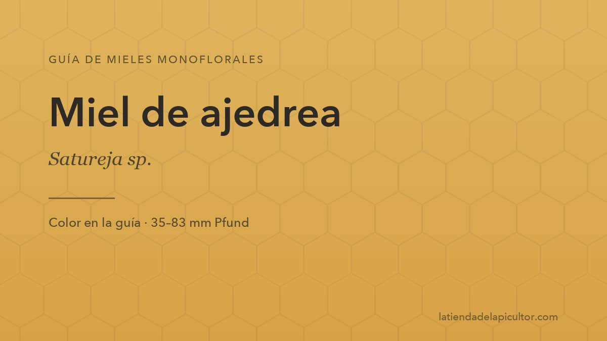 Portada de la ficha de miel de ajedrea: el fondo reproduce el color de esta miel en la escala Pfund (35–83 mm Pfund).