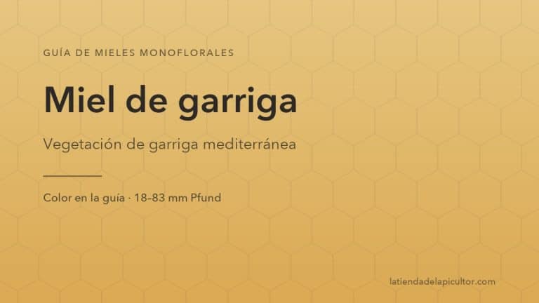 Portada de la ficha de miel de garriga: el fondo reproduce el color de esta miel en la escala Pfund (18–83 mm Pfund).