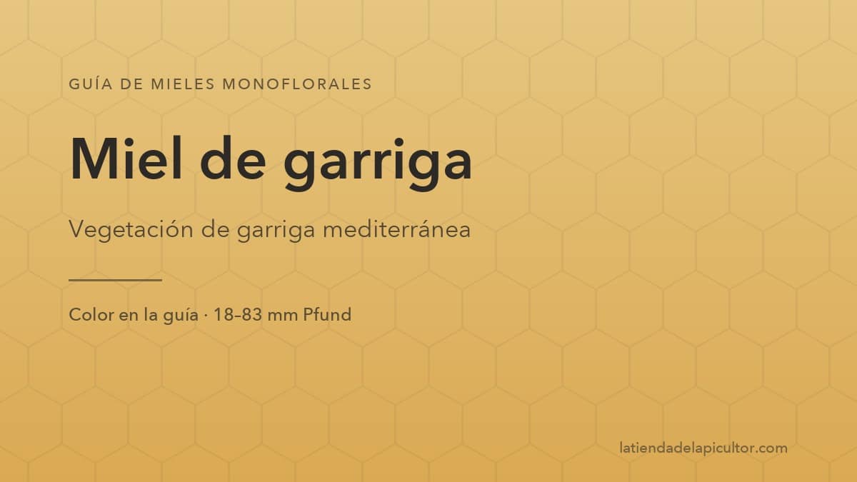 Portada de la ficha de miel de garriga: el fondo reproduce el color de esta miel en la escala Pfund (18–83 mm Pfund).