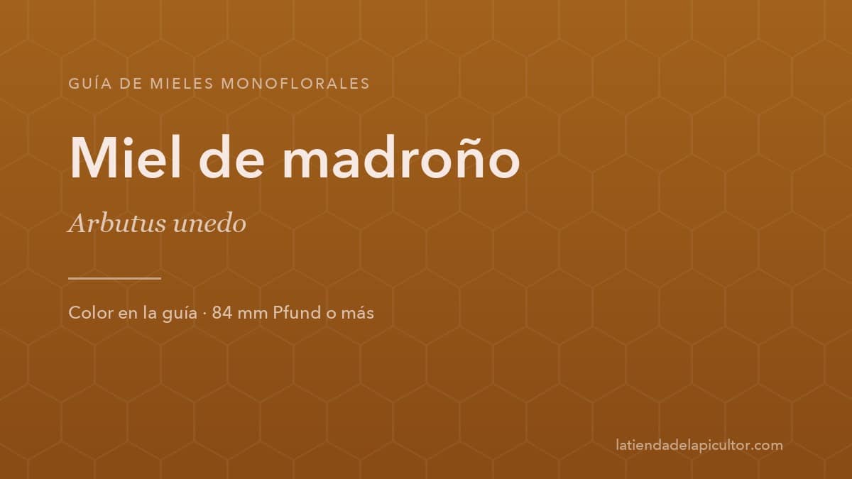 Portada de la ficha de miel de madroño: el fondo reproduce el color de esta miel en la escala Pfund (84 mm Pfund o más).