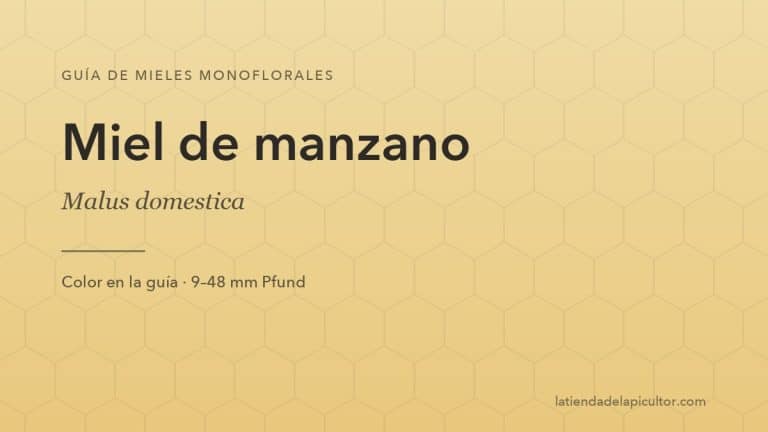 Portada de la ficha de miel de manzano: el fondo reproduce el color de esta miel en la escala Pfund (9–48 mm Pfund).