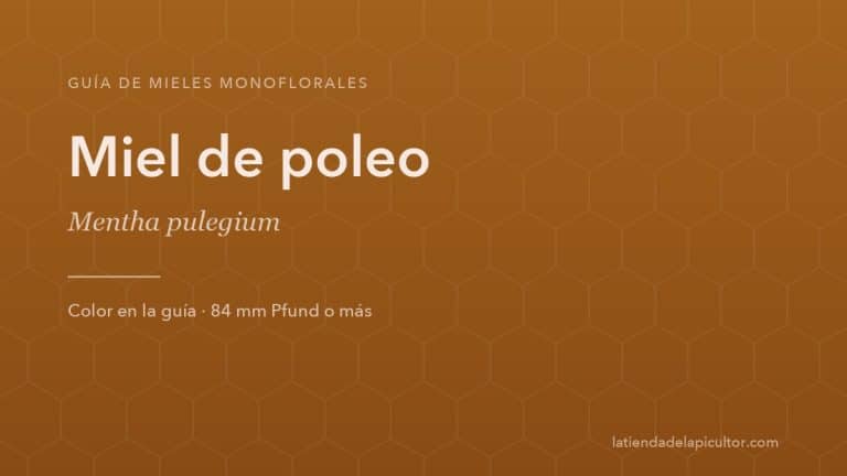 Portada de la ficha de miel de poleo: el fondo reproduce el color de esta miel en la escala Pfund (84 mm Pfund o más).