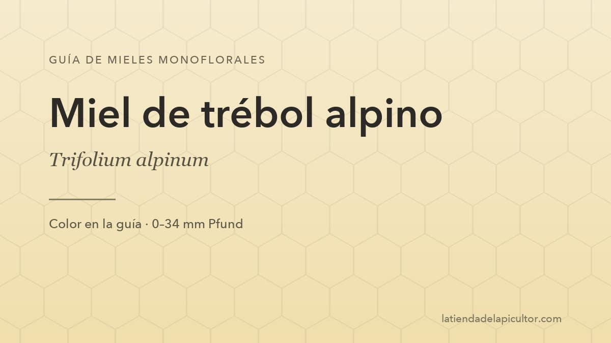 Portada de la ficha de miel de trébol alpino: el fondo reproduce el color de esta miel en la escala Pfund (0–34 mm Pfund).