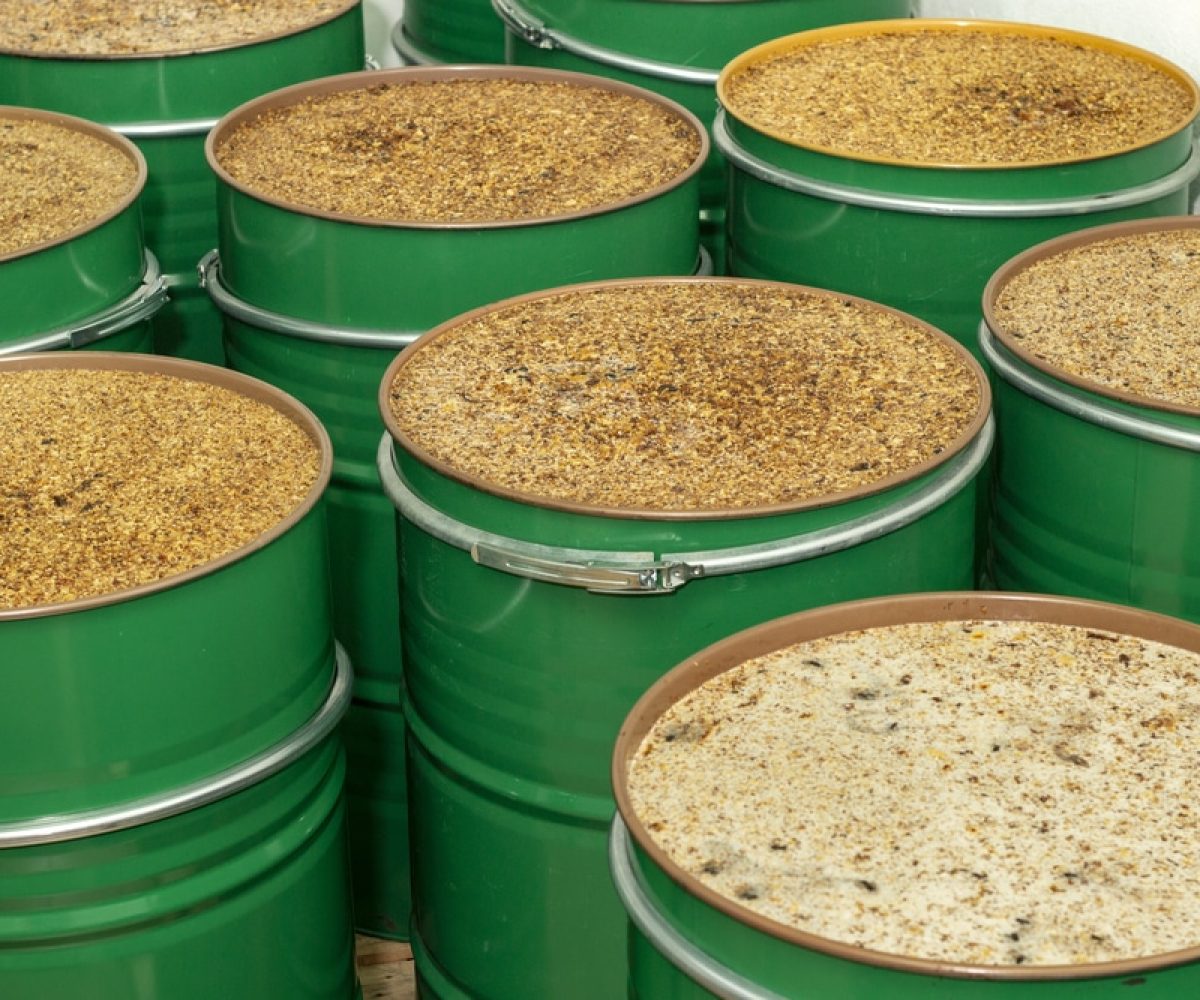 Group of green metallic barrels with unfiltered honey.